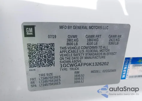 2019 Chevrolet Express 2500 Work Van из США, поврежденный, VIN 1GCWGAFP0K1326202